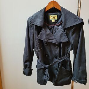 Maralyn & Me Women Blue Coat L Removeable Hood, Pockets, Belt Drk Blue